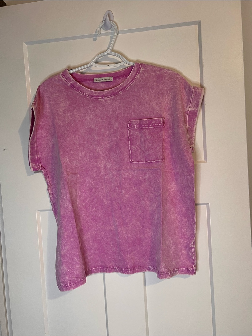 Zenana Outfitters Mineral Wash Pink Short Sleeve Pocket Tee - Picture 1 of 2